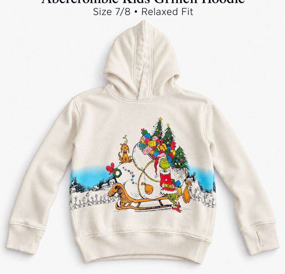 Abercrombie Kids Grinch & Max Christmas Graphic Pullover Hoodie Cream 7-8Y